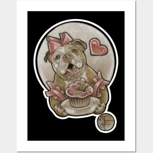 Bulldog Cutie & Cupcake - White Outlined Version Posters and Art
